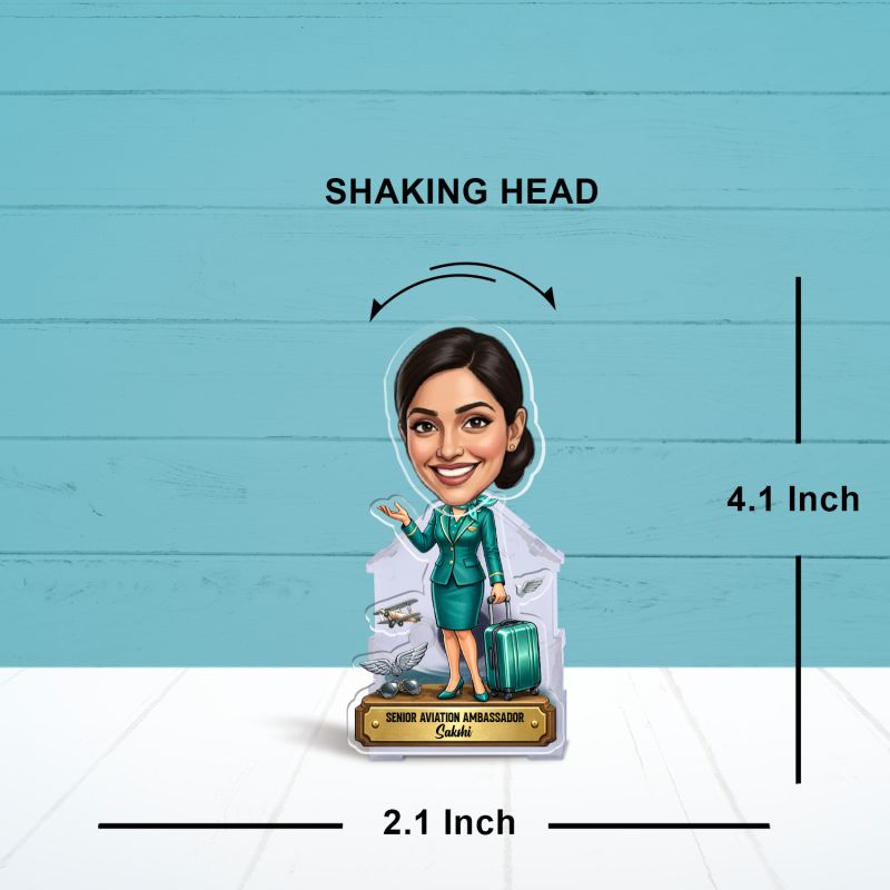 Personalized Air Hostess Bobblehead Caricature Standee with Custom with Name Gift for Flight Attendants & Cabin Crew | Home Tabletop Decor | Battery Powered Moving Head